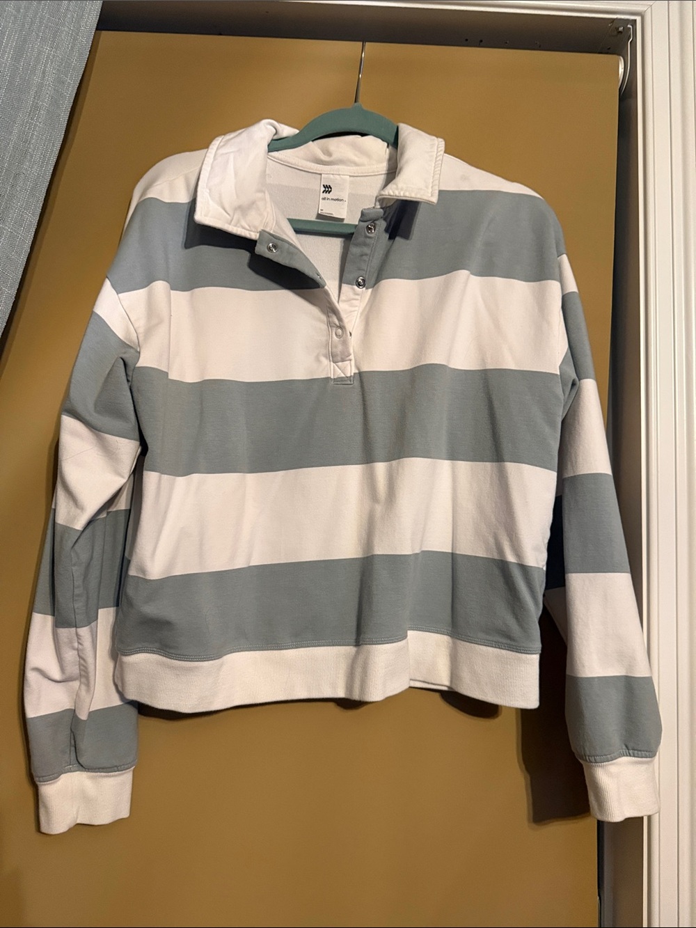 All In Motion- Cropped Rugby Pullover - White & Light Green Stripes